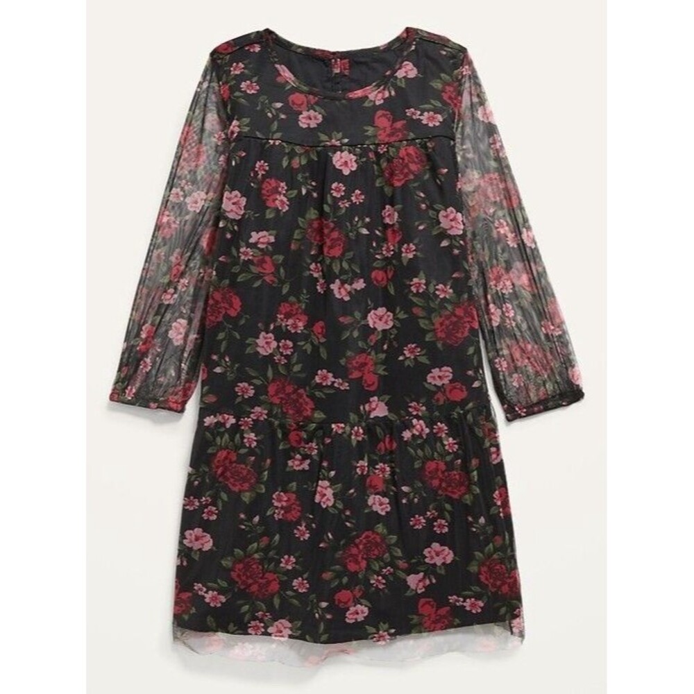 Girl's Black with Maroon Pink and Green Flower Old Navy Dress - Size S 6/7